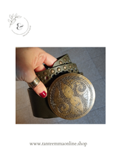 Load image into Gallery viewer, Belt in real leather, dark olive green, perforated and with studs. with large and circular buckle in brass color - woman Tante Emma Online
