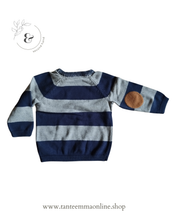 Load image into Gallery viewer, blue and grey striped sweater with patches on the elbows - boy - 100% cotton - H&amp;M - spring and autumn Tante Emma Online
