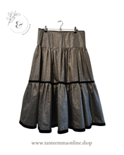 Load image into Gallery viewer, Vichy midi skirt in black and silver squares with ruffles and black velvet - size L - Tante Emma Online
