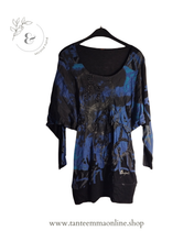 Load image into Gallery viewer, Long sleeve maxi t-shirt - blue and black pattern - boat neckline - Desigual - size S
