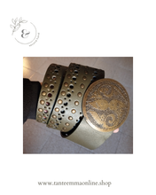 Load image into Gallery viewer, Belt in real leather, dark olive green, perforated and with studs. with large and circular buckle in brass color - woman Tante Emma Online
